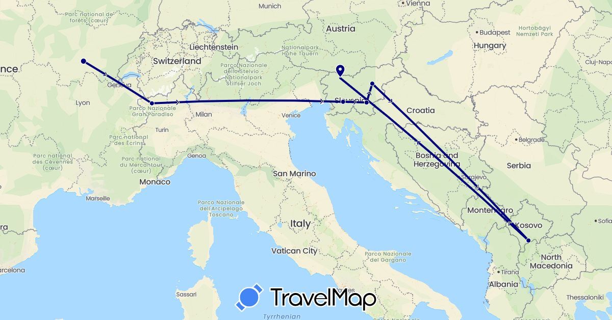 TravelMap itinerary: driving in France, Italy, Slovenia, Kosovo (Europe)
