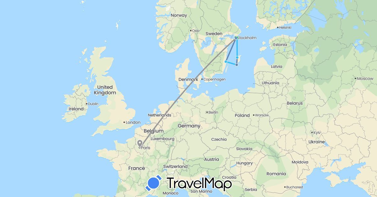 TravelMap itinerary: driving, bus, plane, cycling, boat in France, Sweden (Europe)
